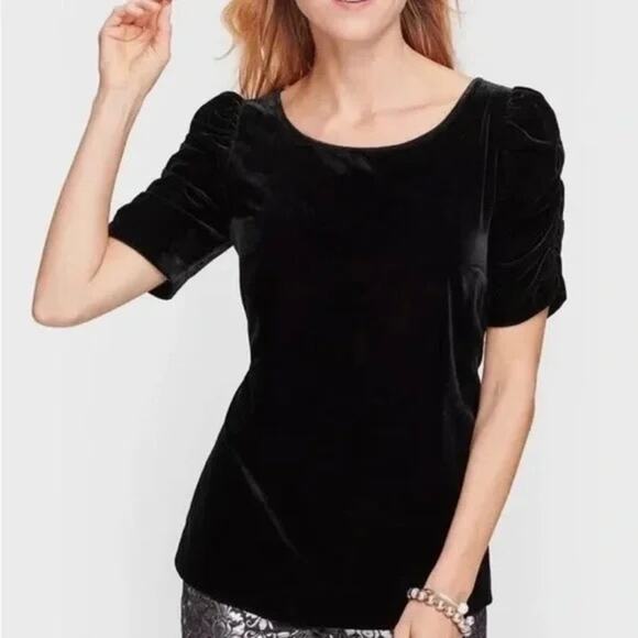 Talbots Plus Black Crushed Velvet Ruched Short Sleeve Top blouse womens 2X - Picture 1 of 11
